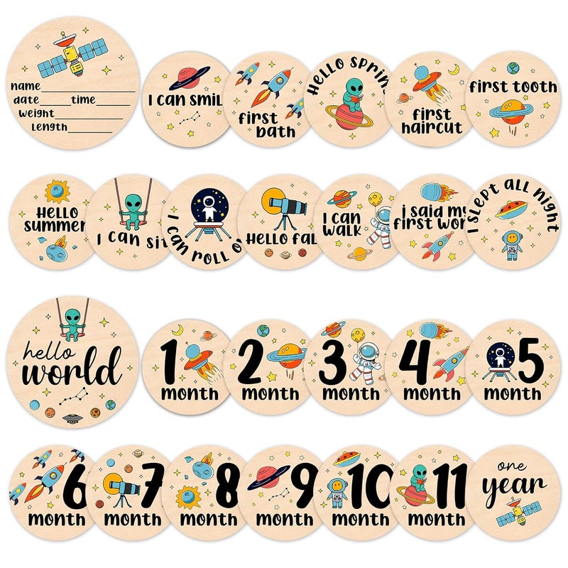 MCIAONE Baby Milestone Cards - Space Adventure Baby Monthly Milestone Signs, Rocket & Planet Wooden Signs Discs for Photo Props, "Hello" Newborn Announcement Sign with Astronaut,Baby Shower/Gift Set(13pcs) - Image 1